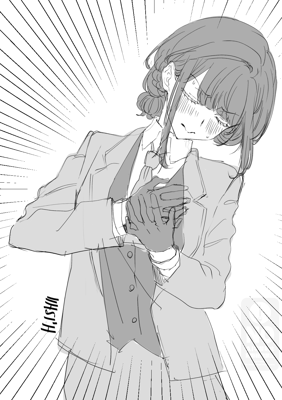 ishii hisao, hanatori hitoe, watashi ga koibito ni nareru wake naijan murimuri!, commentary request, highres, 1girl, artist name, closed eyes, clutching chest, collared shirt, emphasis lines, formal clothes, gloves, greyscale, hair bun, hand on own chest, jacket, monochrome, necktie, shirt, sidelocks, signature, solo, suit, sweat, upper body, wavy mouth