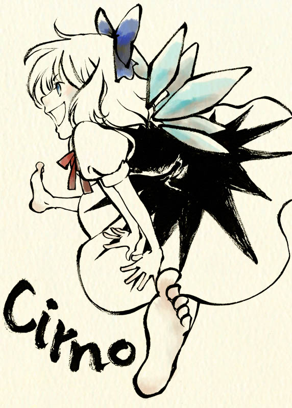 shou shishi, cirno, touhou, 1girl, barefoot, blue eyes, bow, dress, feet, female focus, full body, hair bow, partially colored, simple background, smile, solo, wings