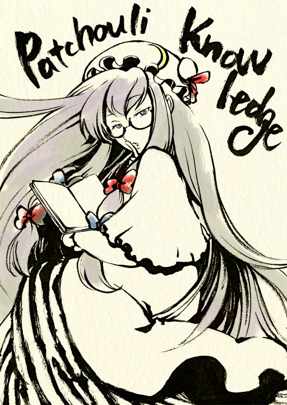 shou shishi, patchouli knowledge, touhou, photoshop (medium), 1girl, bespectacled, book, bow, crescent hat ornament, female focus, glasses, hat, hat ornament, long hair, purple eyes, purple hair, solo, very long hair, white background