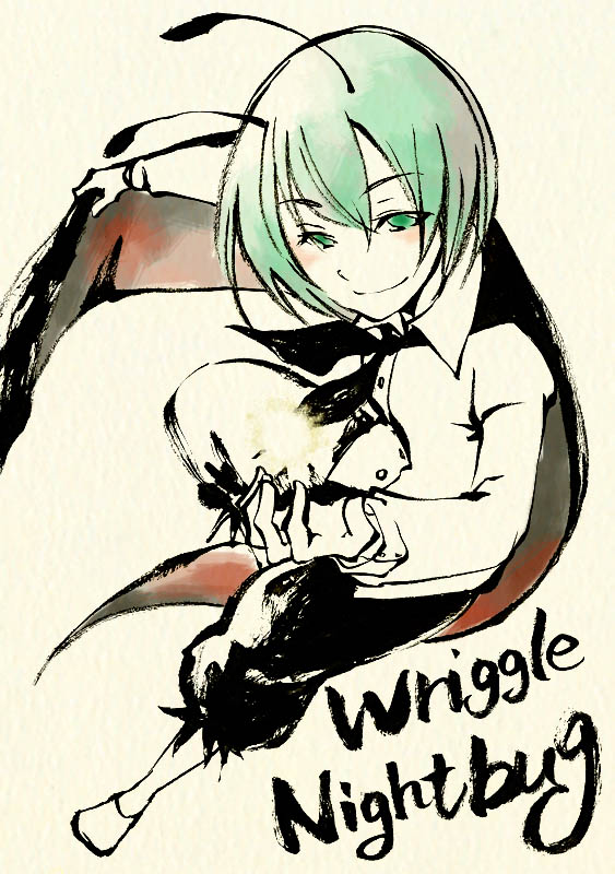 shou shishi, wriggle nightbug, touhou, 1girl, androgynous, antennae, cape, character name, female focus, green eyes, green hair, matching hair/eyes, reverse trap, short hair, smile, solo