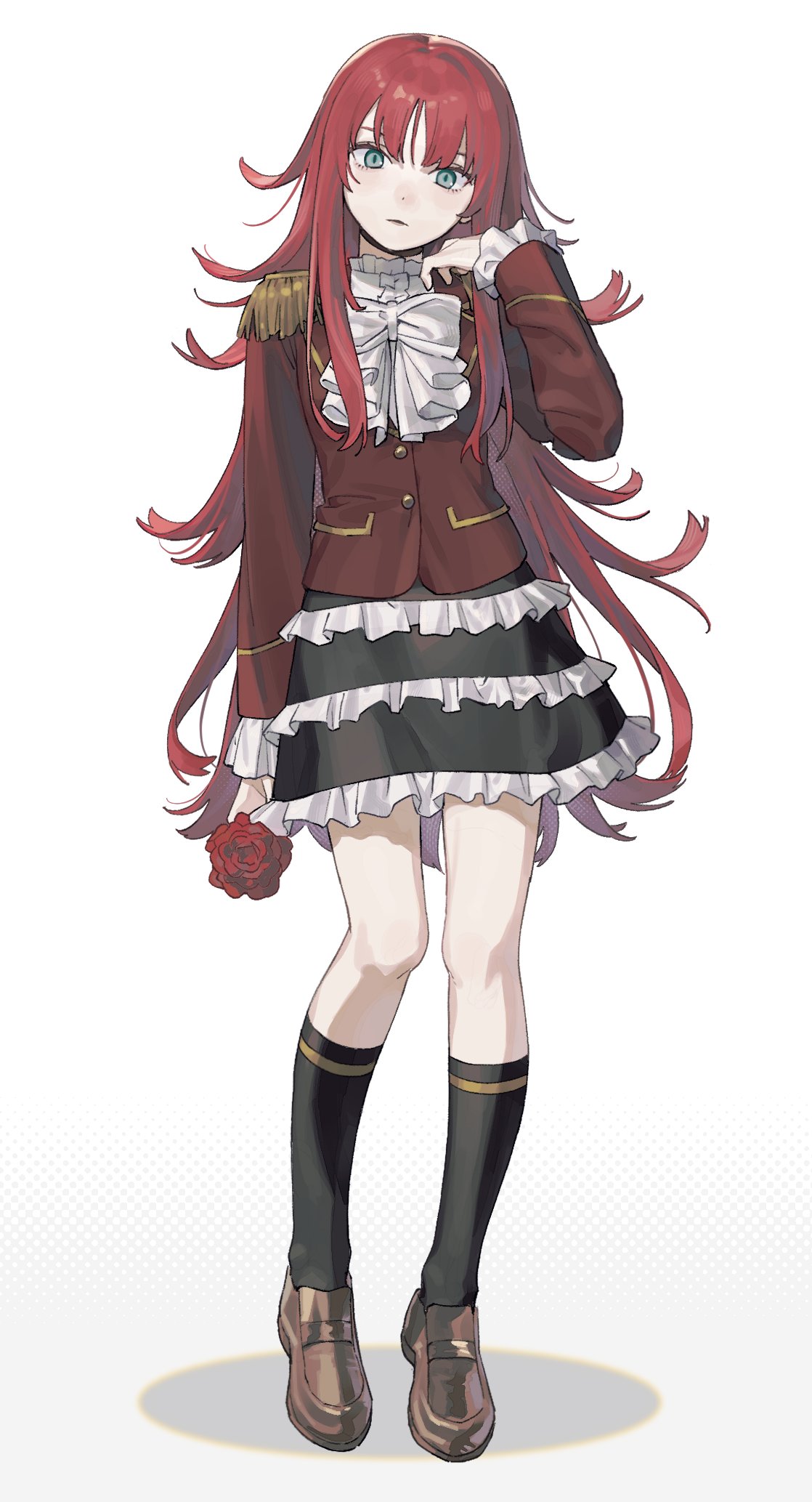 kmmmb111, renjouji beru, pretty rhythm, pretty rhythm rainbow live, pretty series, highres, 1girl, black skirt, black socks, brown shoes, epaulettes, flower, frilled skirt, frills, full body, green eyes, hand up, jacket, kneehighs, loafers, long hair, long sleeves, looking at viewer, neck ribbon, red flower, red hair, red jacket, red rose, ribbon, rose, school uniform, shoes, simple background, skirt, socks, solo, standing, white background, white ribbon