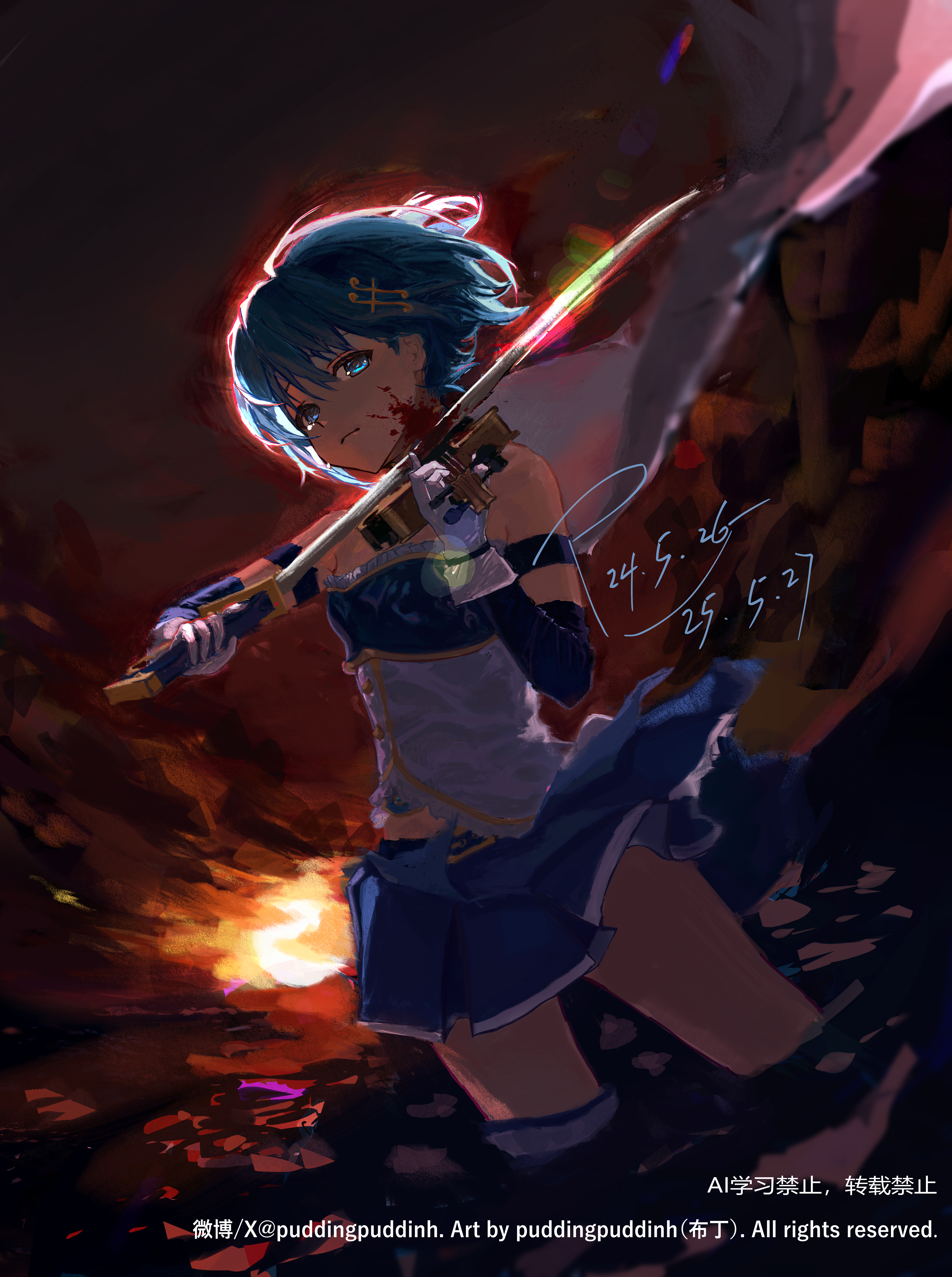 miki sayaka, mahou shoujo madoka magica, mahou shoujo madoka magica (anime), absurdres, chinese commentary, commentary request, highres, 1girl, armlet, artist name, bare shoulders, belt, belt buckle, blood, blood on face, blue belt, blue eyes, blue hair, blue shirt, blue skirt, blue sleeves, buckle, buttons, cape, closed mouth, clothing cutout, cloud, cloudy sky, cowboy shot, dated, detached sleeves, diamond button, expressionless, floating cape, floating clothes, floating hair, fortissimo, frilled shirt, frills, gloves, gold buckle, gold buttons, hair between eyes, hair ornament, hairclip, holding, holding instrument, holding sword, holding violin, holding weapon, instrument, jewelry, light frown, long sleeves, magical girl, miniskirt, music, musical note, musical note hair ornament, ocean, orange sky, outdoors, playing instrument, pleated skirt, pudding (puddingpuddinh), shirt, short hair, signature, skirt, sky, solo, stomach cutout, strapless, strapless shirt, sun, sunset, sword, tareme, thighhighs, twitter username, two-tone shirt, violin, wading, watermark, weapon, white cape, white gloves, white shirt, white thighhighs, wind