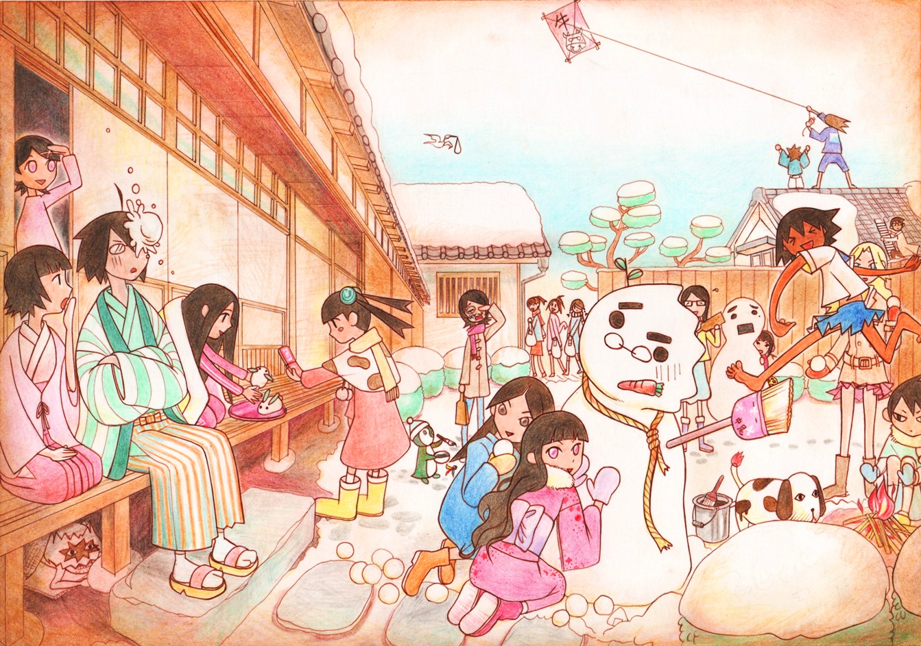 seishoku fuoto, fujiyoshi harumi, fuura kafuka, hitou nami, itoshiki kei, itoshiki majiru, itoshiki mikoto, itoshiki nozomu, itoshiki rin, kaga ai, kimura kaere, kitsu chiri, kobushi abiru, komori kiri, mitama mayo, ookusa manami, oora kanako, otonashi meru, sekiutsu maria tarou, tsunetsuki matoi, sayonara zetsubou sensei, bad id, bad pixiv id, 00s, 4boys, 6+girls, barefoot, bird, black hair, blush, dark skin, dog, everyone, glasses, long hair, multiple boys, multiple girls, noose, penguin, short hair, skirt, snow, snowman, winter