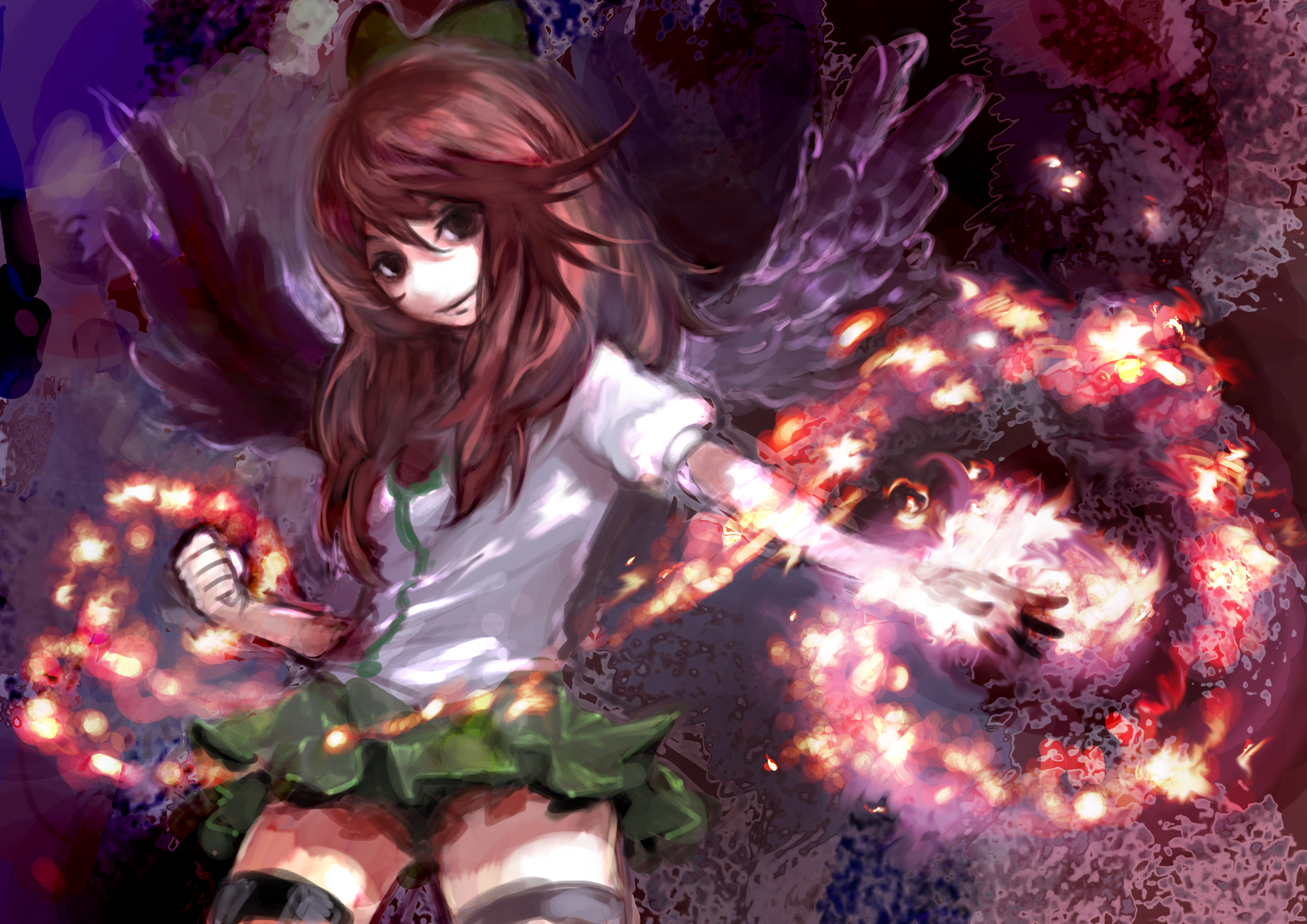 peg (pixiv85249), pegu, reiuji utsuho, touhou, absurdres, bad id, bad pixiv id, highres, 1girl, black hair, bow, brown hair, female focus, fire, hair bow, long hair, short hair, solo, thighhighs, wings