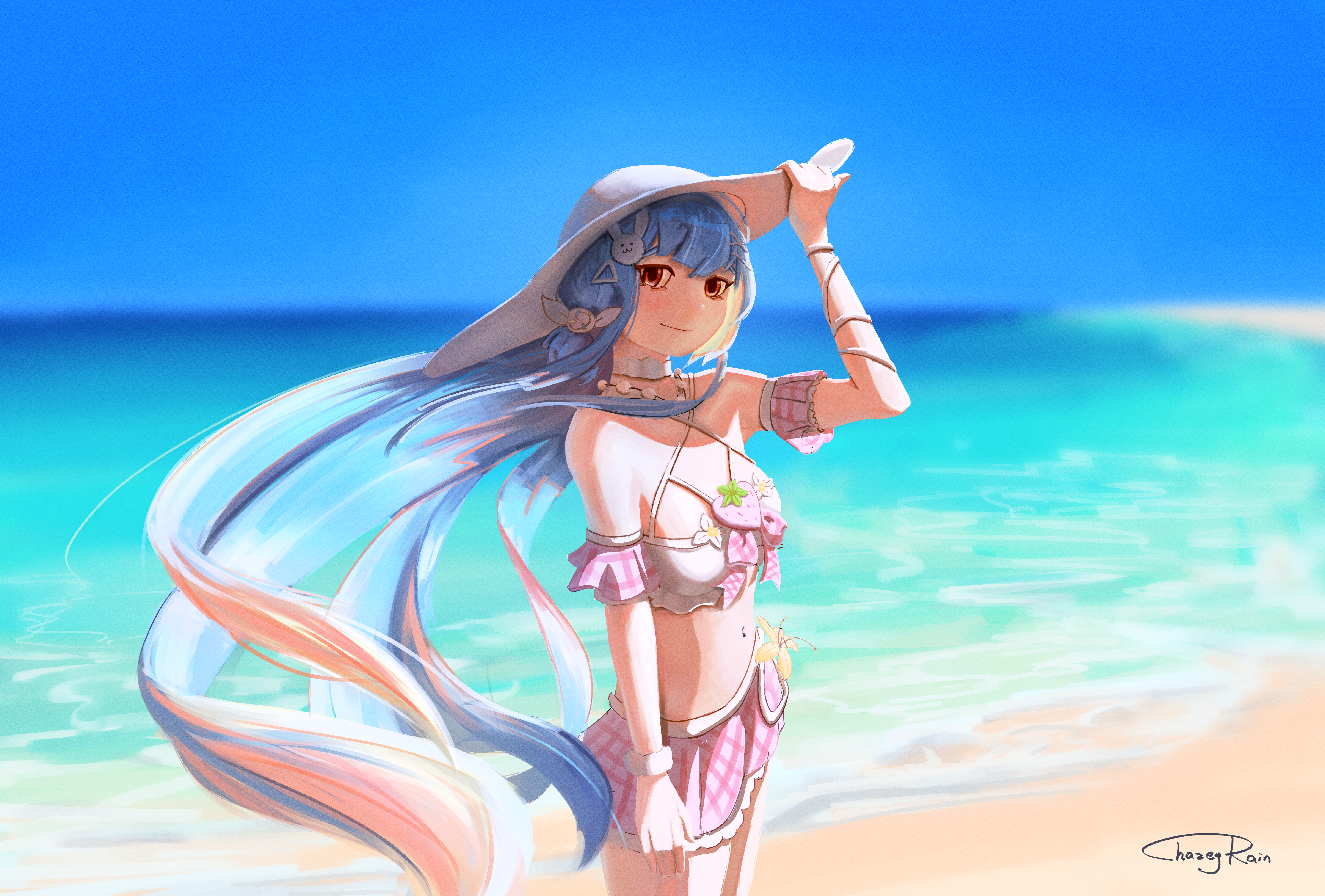 chazeyrain, absurdres, highres, 1girl, beach, blue hair, everlyn seranity, long hair, looking at viewer, ocean, solo, swimsuit, virtual youtuber