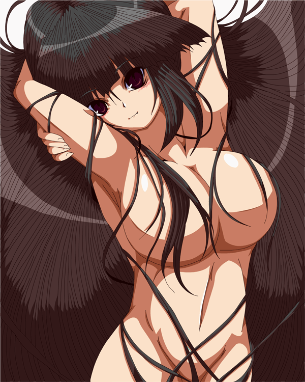 narura, bad id, bad pixiv id, 1girl, arms up, big hair, black hair, breasts, brown eyes, female focus, groin, hair censor, hair over breasts, large breasts, long hair, nude, solo, very long hair