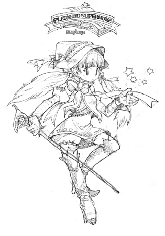 tiv, original, archived source, commentary, commentary request, english commentary, graphite (medium), korean commentary, lowres, traditional media, 1girl, bloomers, blunt ends, book, boots, bow, breasts, capelet, character name, closed mouth, copyright name, cross-laced clothes, cross-laced legwear, dress, english text, fantasy, full body, greyscale, hair ribbon, hat, hat ribbon, holding, holding sword, holding weapon, juliet sleeves, legs apart, lineart, long hair, long sleeves, looking at viewer, medium breasts, monochrome, open book, open hand, platonic supernova, pointy ears, puffy sleeves, ribbon, ribbon-trimmed dress, ribbon trim, simple background, star (symbol), sword, thigh boots, twintails, underwear, weapon, white background