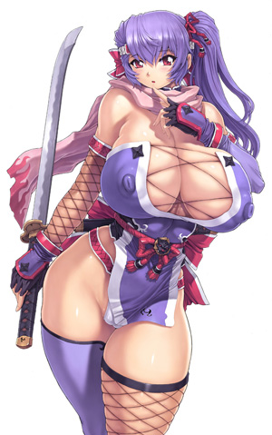 mogudan, lowres, 1girl, breasts, cleavage, cleft of venus, covered erect nipples, female focus, fishnets, hip focus, huge breasts, katana, laceups, large breasts, ninja, pink eyes, purple hair, simple background, solo, standing, sword, thighhighs, weapon, white background, wide hips