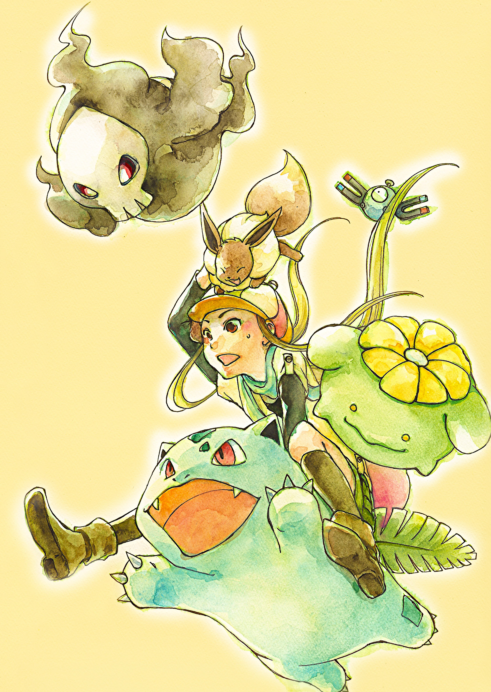 shou shishi, duskull, eevee, ivysaur, magnemite, skiploom, nintendo, pokemon, highres, blonde hair, boots, gen 1 pokemon, gen 2 pokemon, gen 3 pokemon, ghost, hat, long hair, open mouth, pokemon (creature), red eyes, simple background