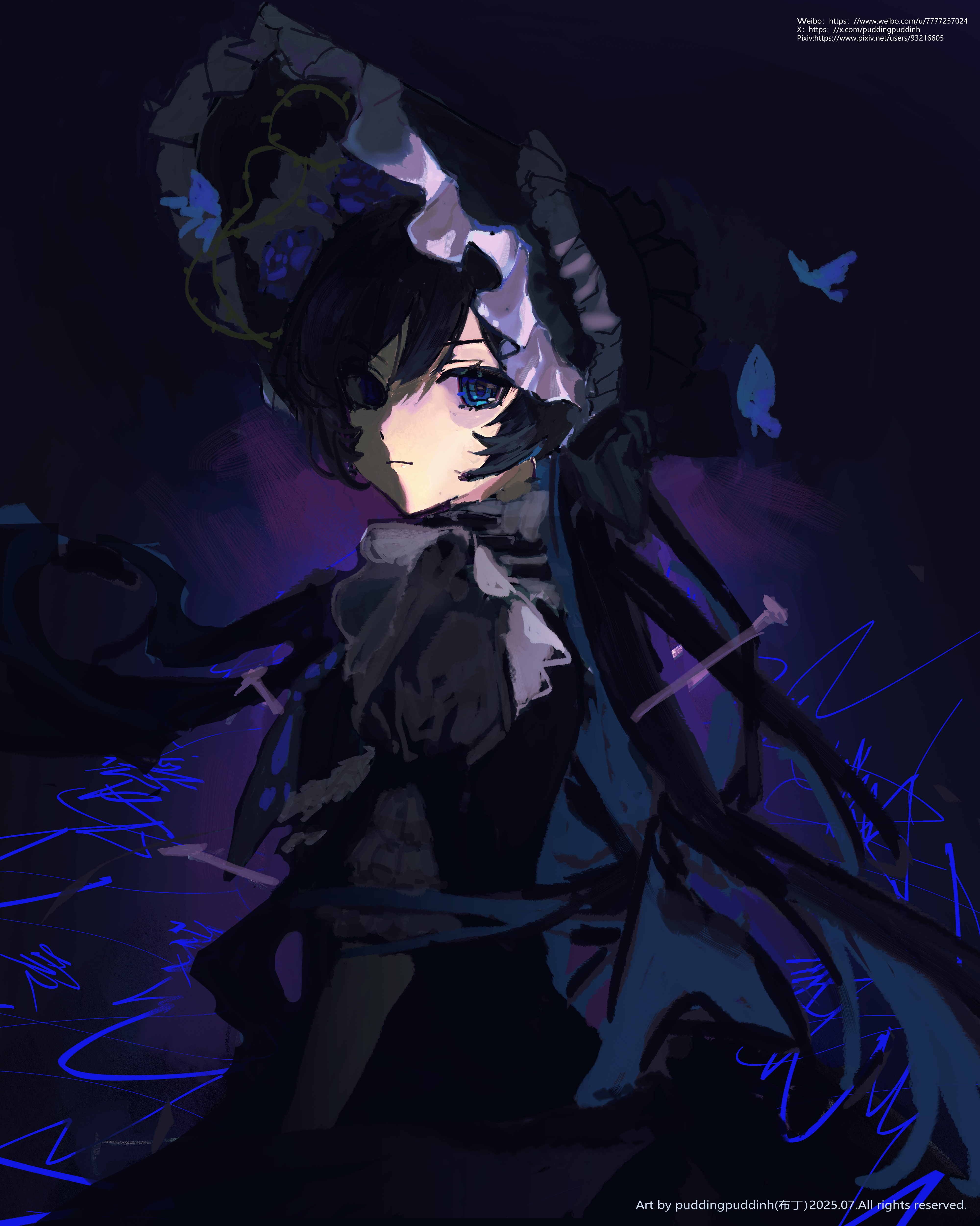 chando (ado), ado (utaite), absurdres, commentary request, highres, 1girl, artist name, asymmetrical bangs, black bonnet, black dress, black hair, blue butterfly, blue eyes, bonnet, bug, butterfly, closed mouth, collared dress, copyright notice, cowboy shot, dated, dress, expressionless, eyelashes, frilled dress, frills, hair between eyes, hair through headwear, high collar, insect, juliet sleeves, light frown, long dress, long hair, long sleeves, looking at viewer, pudding (puddingpuddinh), puffy sleeves, purple background, signature, solo, standing, utaite, very long hair, watermark
