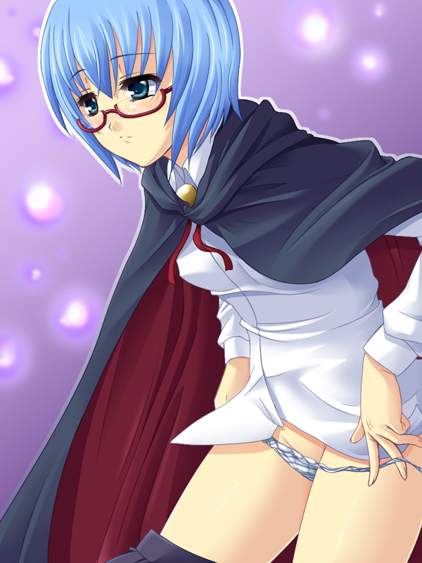 hayami kyuuen, tabitha (zero no tsukaima), zero no tsukaima, 00s, blue eyes, blue hair, cape, glasses, panties, panty pull, short hair, solo, underwear, undressing