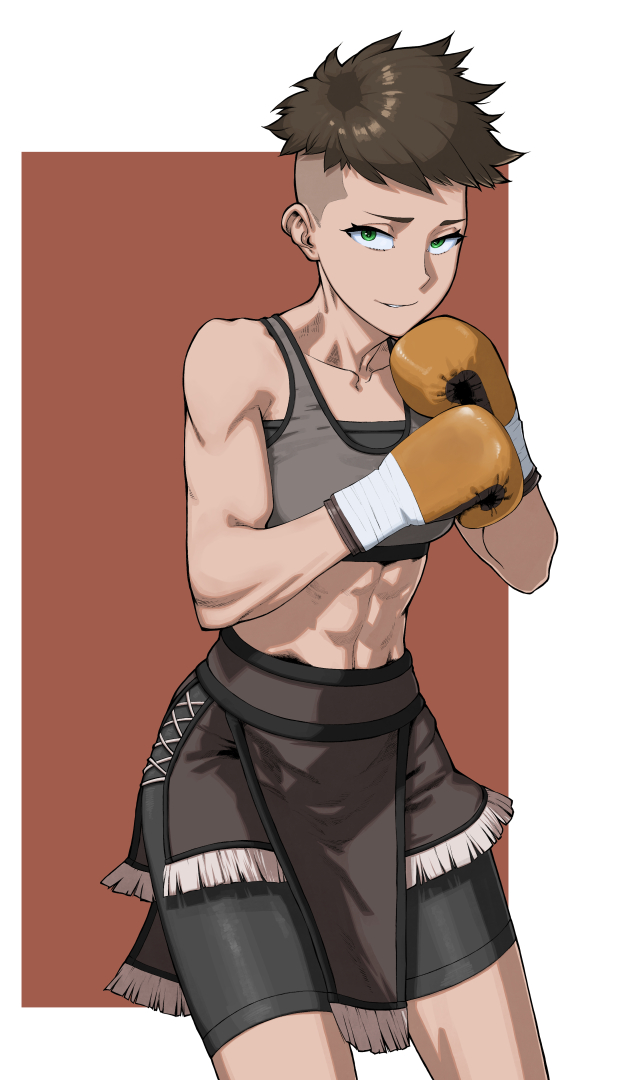 rggr, original, commentary request, abs, boxing gloves, breasts, brown hair, collarbone, cowboy shot, eyelashes, green eyes, grey shorts, grey sports bra, muscular, muscular female, navel, short hair, shorts, simple background, smile, sports bra, undercut, very short hair