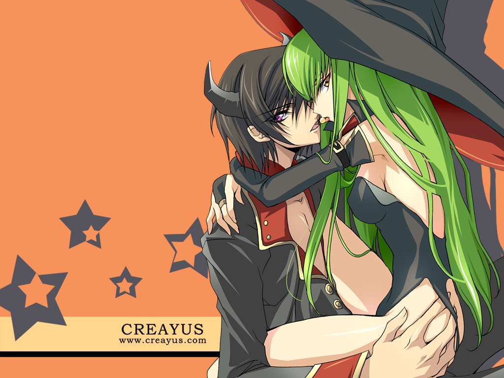 creayus, c.c., lelouch vi britannia, code geass, hand on ass, lap, 00s, 1boy, 1girl, ass, black hair, feeding, green hair, hat, horns, long hair, open clothes, open shirt, purple eyes, shirt, thighs, witch, witch hat, yellow eyes