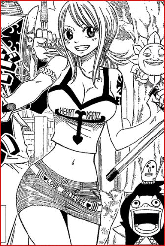 mashima hiro, elie, haru glory, lucy heartfilia, fairy tail, rave (manga), 1girl, breasts, cleavage, clothes lift, comic, cosplay, crop top, denim, denim skirt, elie (cosplay), english text, greyscale, grin, large breasts, midriff, monochrome, pencil skirt, scanlation, skirt, skirt lift, smile