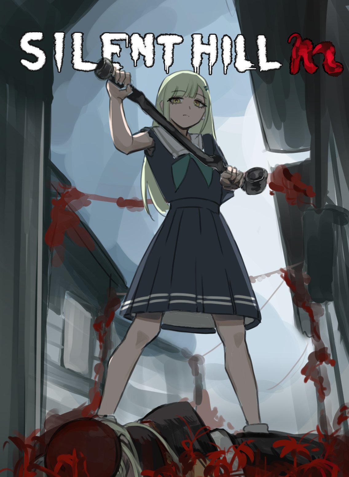 rushinada, mortis (bang dream!), wakaba mutsumi, bang dream!, bang dream! it's mygo!!!!!, silent hill (series), silent hill f, highres, 2girls, blue shirt, blue skirt, flower, green hair, hair ornament, hairpin, holding, holding lead pipe, lead pipe, multiple girls, parody, red flower, sailor collar, school uniform, shirt, skirt, title parody, torn clothes, torn sleeves, tsukinomori school uniform, yellow eyes