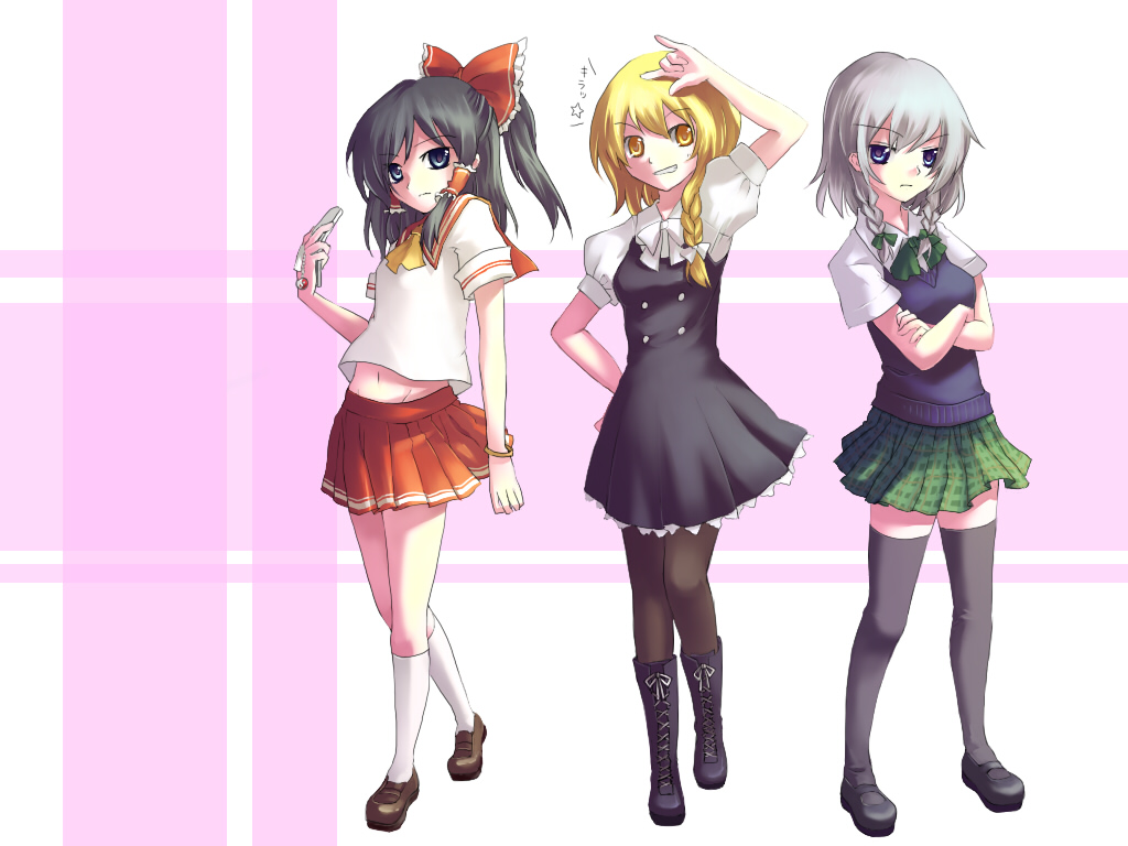 myaaco, hakurei reimu, izayoi sakuya, kirisame marisa, touhou, 3girls, alternate costume, cellphone, contemporary, dress, female focus, full body, m/, multiple girls, pantyhose, phone, school uniform, skirt, thighhighs, white background, zettai ryouiki