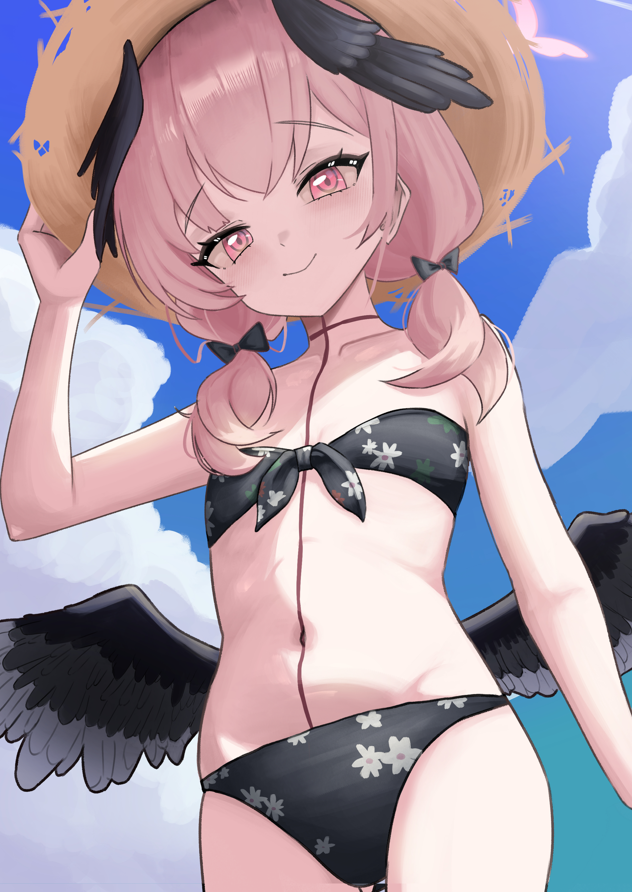 small chair (xiaosaiyi33818), koharu (blue archive), koharu (swimsuit) (blue archive), blue archive, absurdres, commentary request, highres, korean commentary, mixed-language commentary, 1girl, bikini, black bikini, black wings, blue sky, brown hat, cloud, flat chest, floral print, floral print bikini, from below, front-tie bikini top, front-tie top, hat, head wings, low twintails, low wings, navel, official alternate costume, pink eyes, pink hair, print bikini, sky, solo, straw hat, swimsuit, twintails, wings