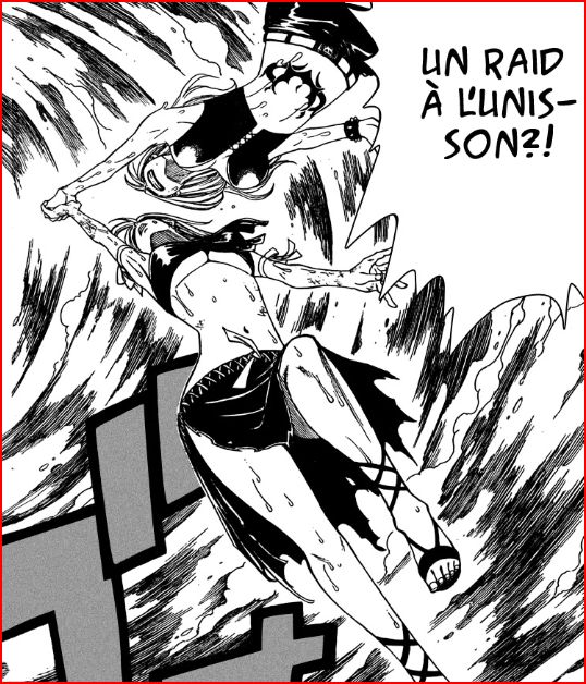 mashima hiro, juvia lockser, lucy heartfilia, fairy tail, translated, 00s, 2girls, border, feet, french text, greyscale, monochrome, multiple girls, red border, scanlation