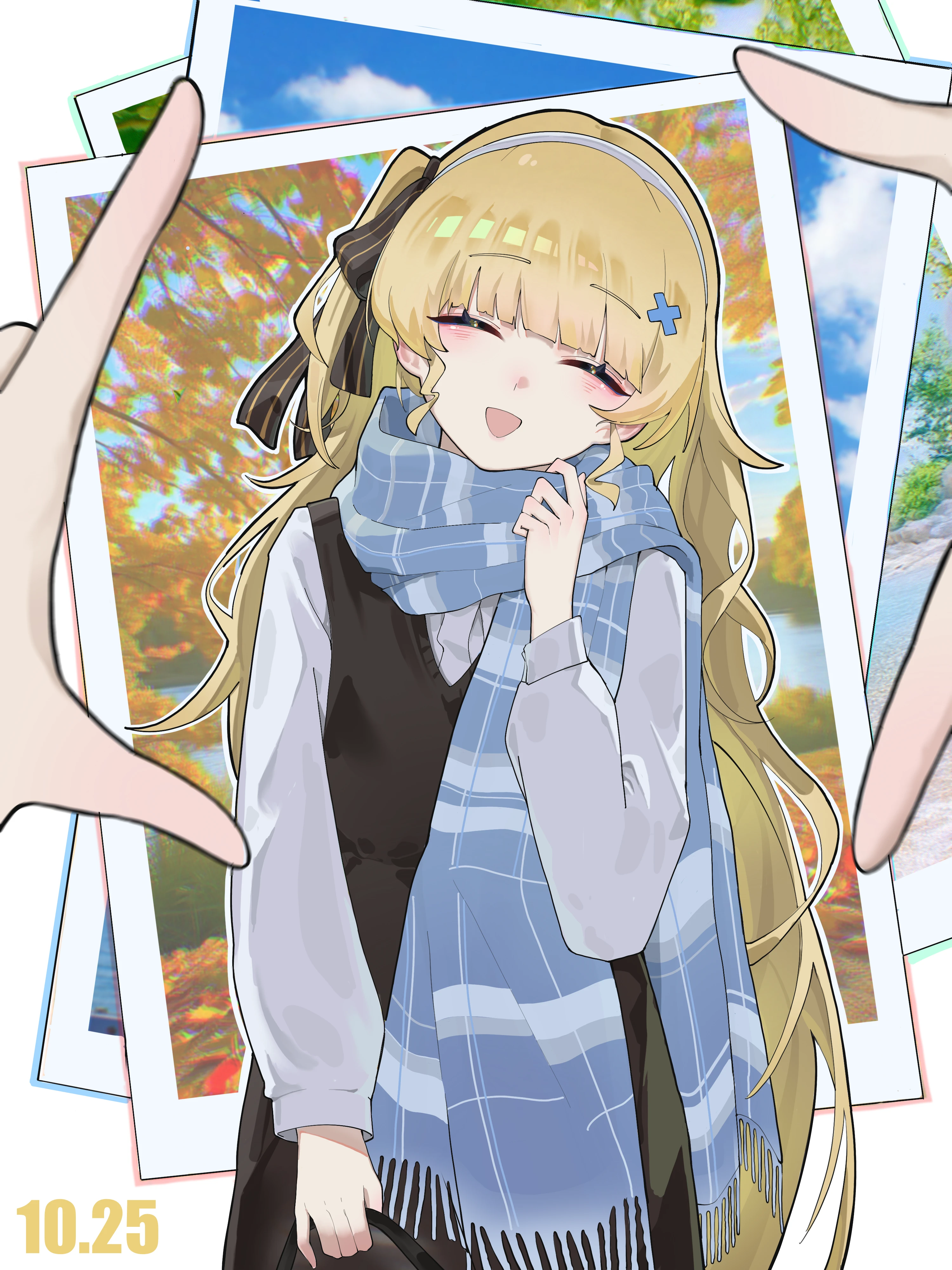 wuye z, phoebe (wuthering waves), wuthering waves, absurdres, chinese commentary, commentary request, highres, 1girl, black bow, black dress, blonde hair, blue scarf, bow, closed eyes, commando regiment (commmander), dated, dress, facing viewer, hair bow, hair ornament, hand up, long hair, long sleeves, open mouth, photo (object), scarf, shirt, smile, solo, striped bow, very long hair, white shirt, x hair ornament