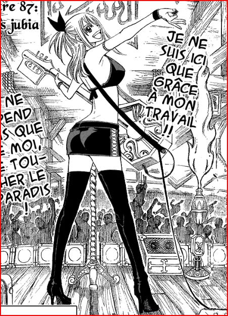 mashima hiro, lucy heartfilia, fairy tail, 00s, 1girl, border, french text, greyscale, monochrome, red border, scanlation