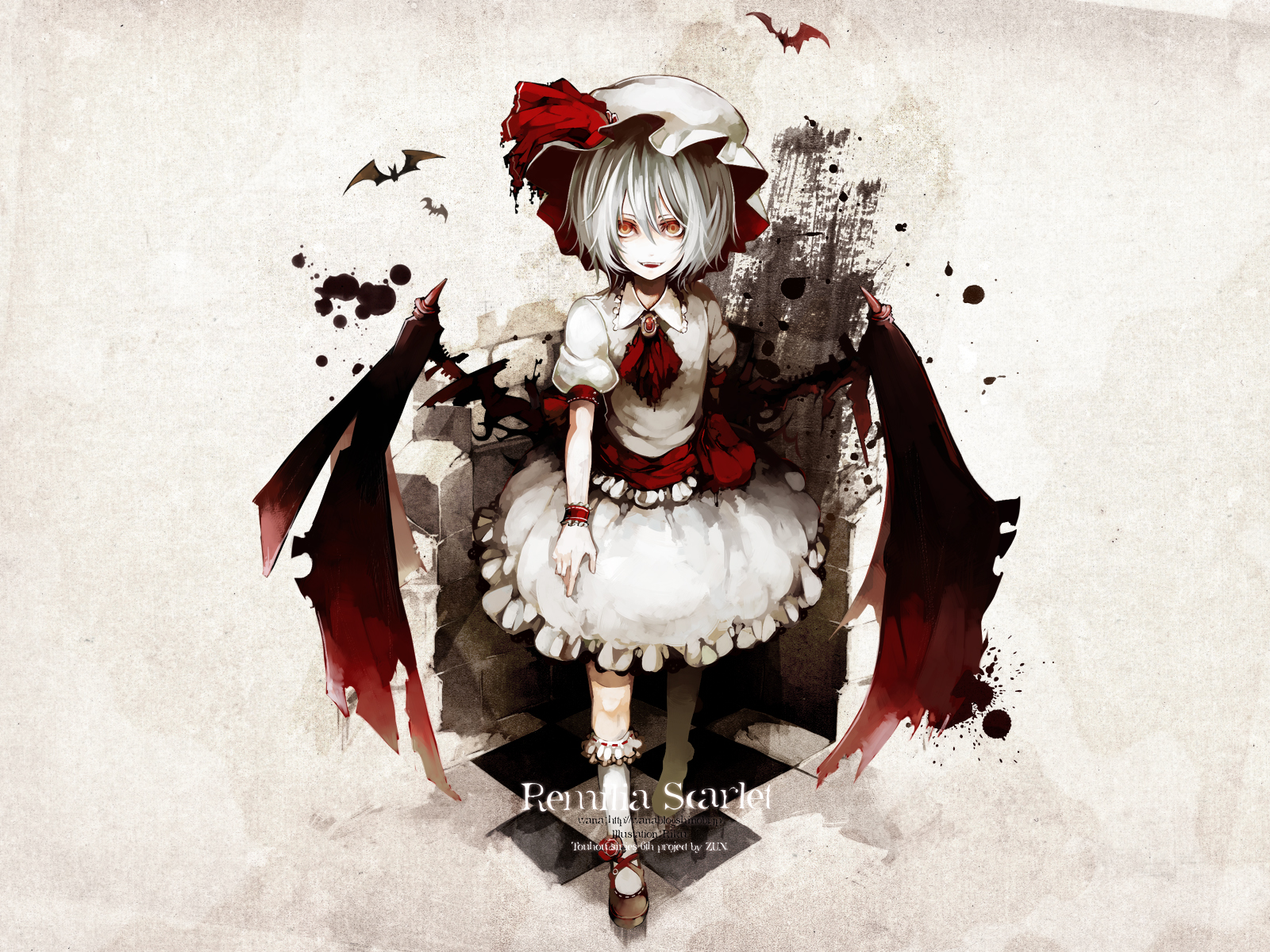 riku (artist), riku (wana), remilia scarlet, touhou, highres, 1girl, bloomers, fangs, female focus, hat, red eyes, skirt, solo, underwear, vampire, wings