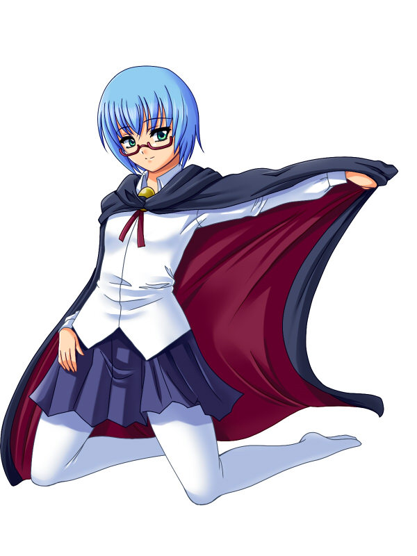 hayami kyuuen, tabitha (zero no tsukaima), zero no tsukaima, 00s, blue hair, cape, glasses, green eyes, kneeling, pantyhose, short hair, skirt, solo, white pantyhose