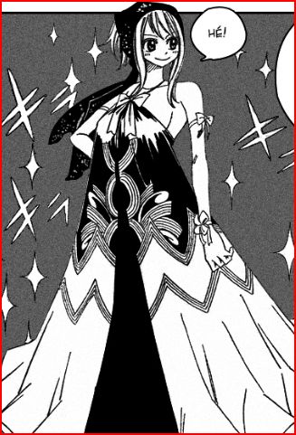 mashima hiro, lucy heartfilia, fairy tail, lowres, 00s, 1girl, border, bow, dress, female focus, french text, greyscale, hand on own hip, hip focus, long dress, monochrome, red border, scanlation, scarf, smile, solo, sparkle, standing