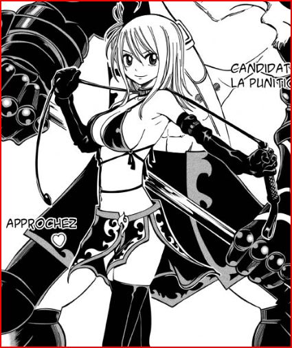 mashima hiro, lucy heartfilia, taurus (fairy tail), fairy tail, 00s, 1girl, bare shoulders, border, breasts, cleavage, elbow gloves, female focus, french text, gloves, greyscale, monochrome, red border, scanlation, solo, whip