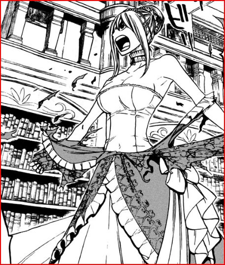 mashima hiro, lucy heartfilia, fairy tail, 00s, 1girl, border, breasts, choker, cleavage, dress, female focus, greyscale, hair ornament, large breasts, monochrome, open mouth, red border, scanlation, solo, torn clothes