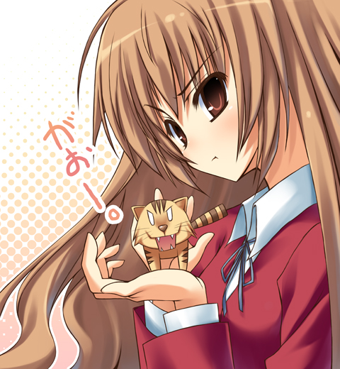 hoshi ichi, aisaka taiga, palmtop tiger, toradora!, bad id, bad pixiv id, translated, 00s, 1girl, brown eyes, brown hair, female focus, long hair, school uniform, solo, tiger