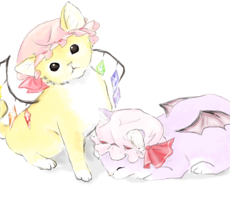 si-ma, flandre scarlet, remilia scarlet, touhou, bad id, bad pixiv id, lowres, 2girls, animalization, baby animal, cat, female focus, hat, kitten, multiple girls, no humans, white background, wings