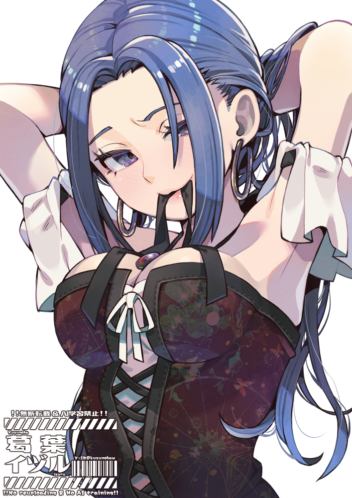 kuzuno ha, ruida, dragon quest, dragon quest iii, 1girl, blue eyes, blue hair, breasts, detached sleeves, earrings, hoop earrings, jewelry, looking at viewer, smile, solo, upper body, white background