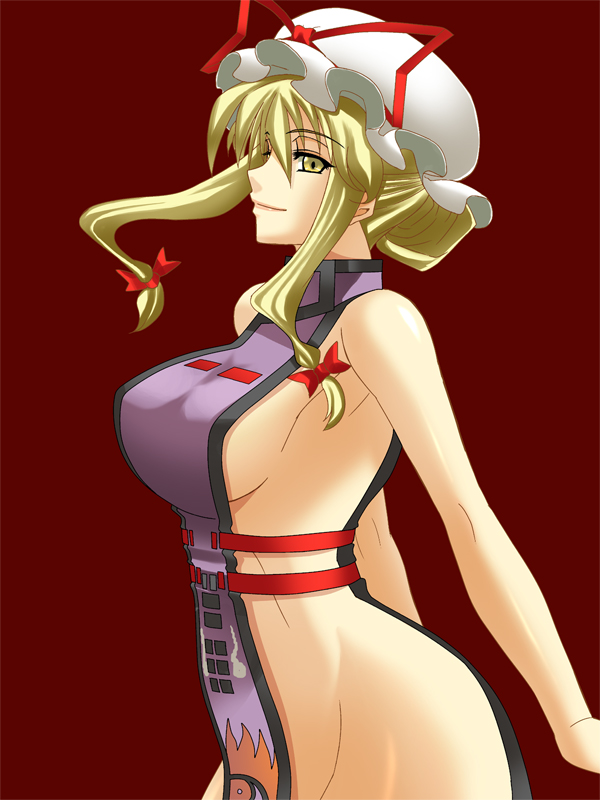 ichimedoo, yakumo yukari, touhou, 1girl, apron, blonde hair, breasts, female focus, hat, large breasts, naked apron, naked tabard, no bra, no panties, revealing clothes, sideboob, solo, tabard, yellow eyes