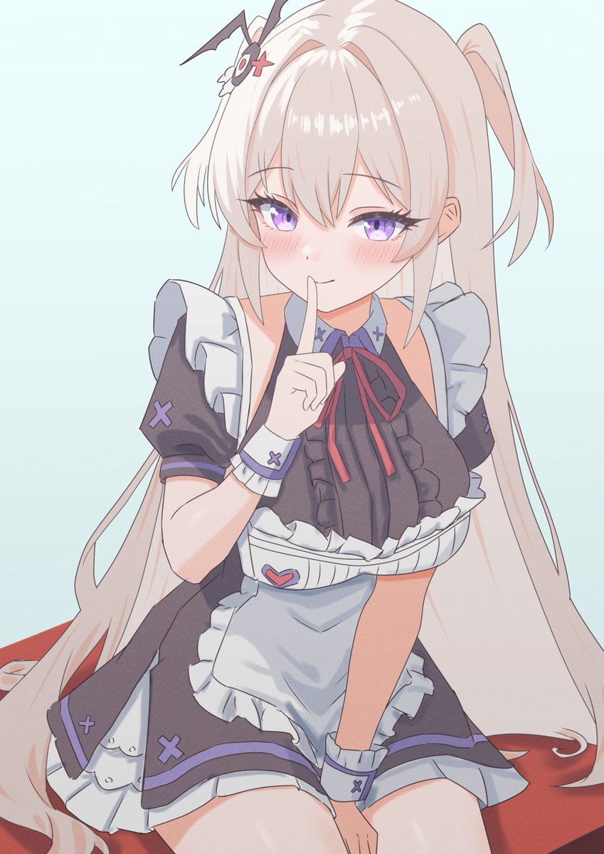 konjou, laia (epic seven), epic seven, 1girl, apron, between legs, black dress, blush, breasts, closed mouth, detached sleeves, dress, finger to mouth, hair ornament, hand between legs, large breasts, long hair, looking at viewer, maid apron, neck ribbon, purple eyes, ribbon, short sleeves, shushing, sitting, smile, solo, two side up, very long hair, white hair, wing collar, wrist cuffs