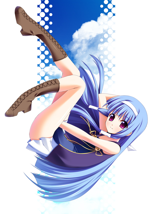 hoshi ichi, nagi, kannagi, bad id, bad pixiv id, 00s, 1girl, blue hair, blunt bangs, boots, female focus, hair tubes, hairband, long hair, pleated skirt, purple eyes, skirt, solo, white skirt