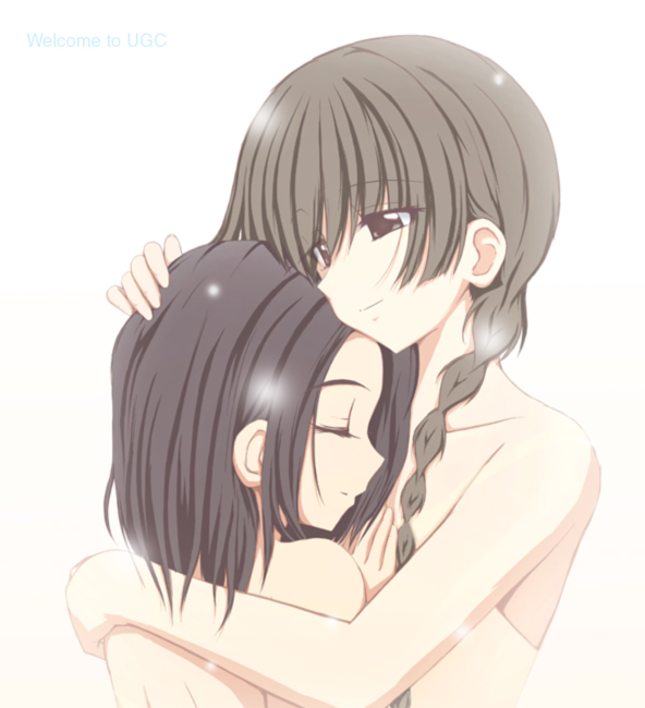 sasaki akira (ugc), arima nana, shimazu yoshino, maria-sama ga miteru, 00s, 2girls, blush, braid, brown hair, closed mouth, collarbone, hair over shoulder, hand on another's chest, hand on another's head, height difference, hug, long hair, multiple girls, nude, profile, short hair, simple background, single braid, smile, upper body, white background, yuri