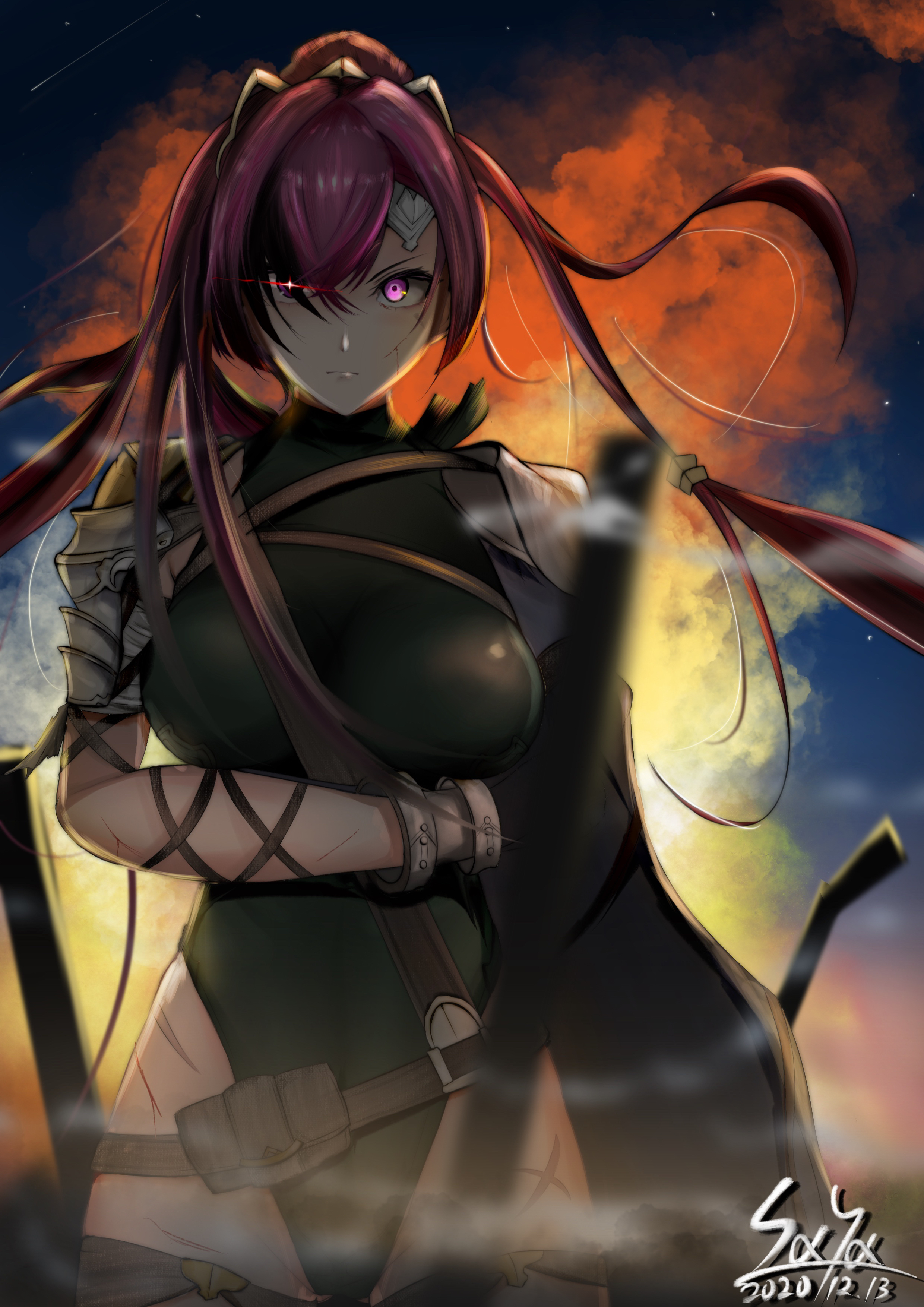 meg (granblue fantasy), granblue fantasy, absurdres, commentary, highres, 1girl, arm under breasts, armor, belt, belt pouch, blood, blood on face, blurry, blurry foreground, breasts, brown belt, closed mouth, cowboy shot, cross scar, crossed bangs, cuts, dated, detached sleeves, explosion, explosion background, floating hair, glowing, glowing eye, groin, hair between eyes, hair ornament, headgear, highleg, highleg leotard, hirasaka saya, injury, large breasts, leg ribbon, leotard, long hair, looking at viewer, multi-tied hair, ponytail, pouch, purple eyes, red hair, ribbon, scar, scar across eye, scar on face, scar on leg, shoulder armor, sidelocks, signature, single detached sleeve, solo, standing