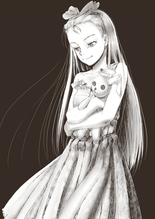 inu (aerodog), minase iori, idolmaster, idolmaster (classic), idolmaster 1, 00s, 1girl, bare shoulders, bow, dress, female focus, greyscale, hair bow, long hair, monochrome, naughty face, rabbit, smile, solo, strap slip, stuffed animal, stuffed rabbit, stuffed toy
