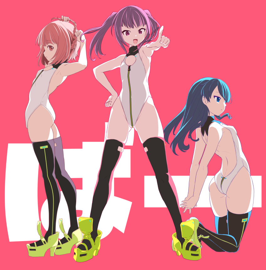 kanoe (gallery walhalla), aikawa aika, ichijou ayaka, koashi mutsumi, alice gear aegis, 3girls, ass, black thighhighs, booth babe, braid, breasts, circle cutout, cleavage cutout, clothing cutout, companion/af, crown braid, flat chest, from behind, front zipper, full body, green shoes, heattech leotard, highleg, highleg leotard, leotard, looking at viewer, multiple girls, no jacket, orange hair, race queen, red eyes, shoes, short hair, simple background, small breasts, standing, thighhighs, thighs, turtleneck, white background, white leotard, zipper, zipper leotard, zipper pull tab