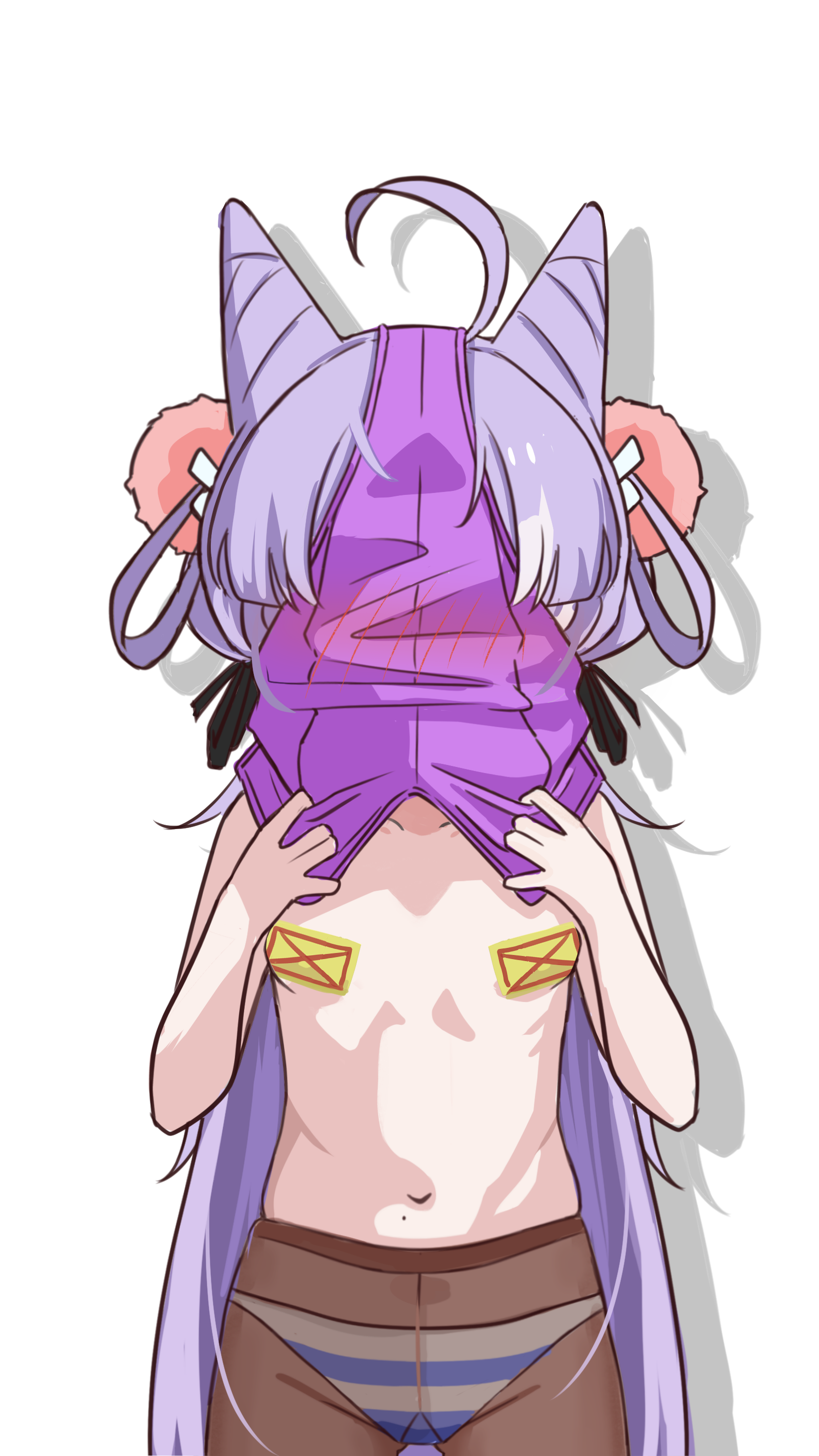 duda (duda1), tenko shibuki, stellive, absurdres, commentary request, highres, korean commentary, 1girl, ahoge, blush, brown pantyhose, cone hair bun, cowboy shot, double bun, flat chest, hair bun, hair ornament, hair rings, leotard, long hair, multicolored hair, navel, panties, panties under pantyhose, pantyhose, pasties, pom pom (clothes), pom pom hair ornament, purple hair, purple leotard, shadow, simple background, solo, standing, stomach, straight-on, streaked hair, striped clothes, striped panties, topless female, underwear, very long hair, virtual youtuber, white background, you're doing it wrong