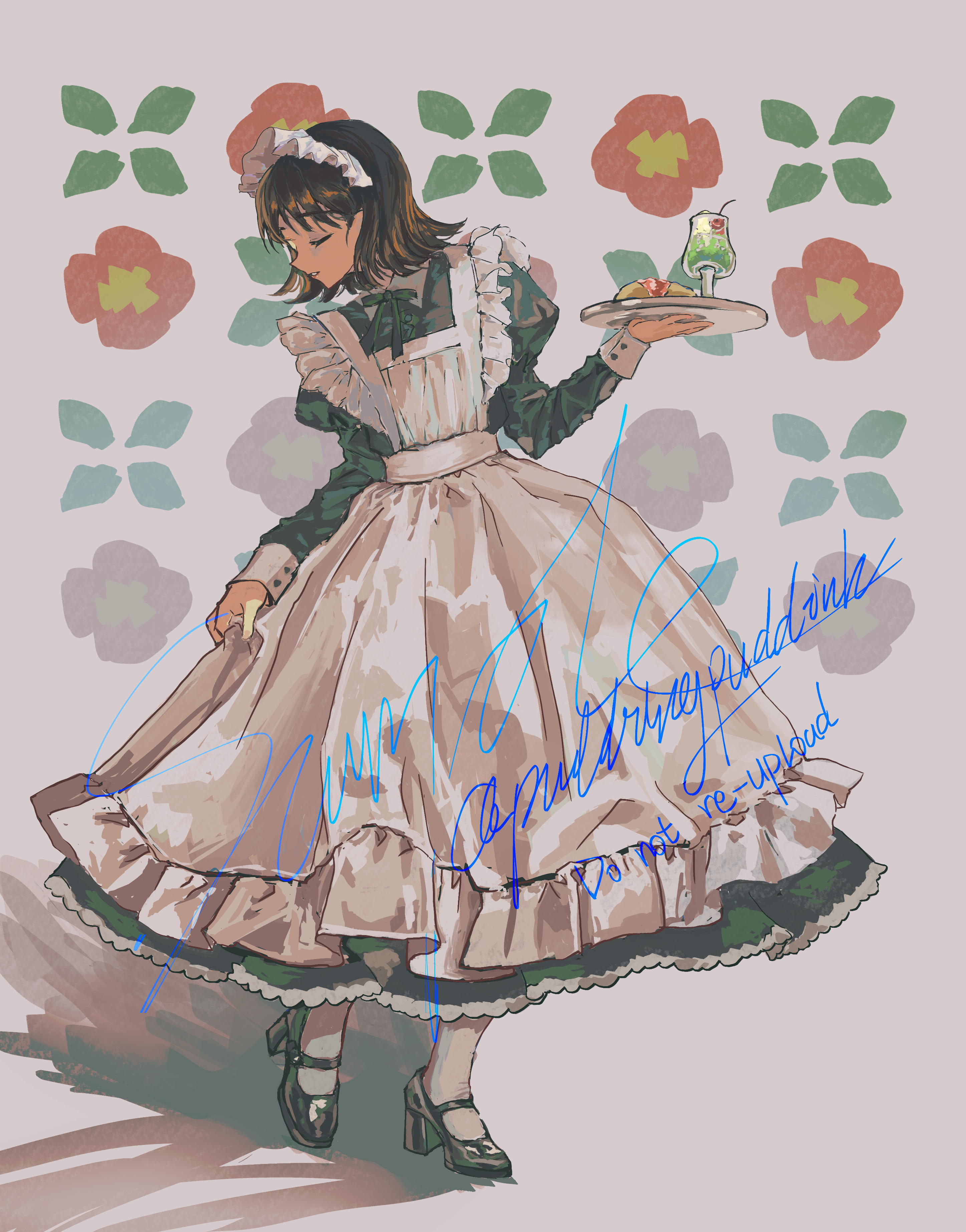 iwakura mitsumi, skip to loafer, absurdres, highres, 1girl, alternate costume, apron, black shoes, bow, bowtie, brown hair, buttons, cherry, closed eyes, dessert, dress, enmaided, eyelashes, floral background, food, frilled apron, frills, fruit, full body, green bow, green bowtie, green dress, grey background, happy birthday, high heels, holding, holding tray, ice cream cone, juliet sleeves, lace, lace-trimmed dress, lace trim, long dress, long sleeves, maid, maid headdress, mary janes, pantyhose, parted lips, pleated dress, pointy nose, pudding (puddingpuddinh), puffy sleeves, pumps, shadow, shoes, short hair, signature, sleeve cuffs, smile, soda, solo, standing, tray, watermark, white apron, white pantyhose