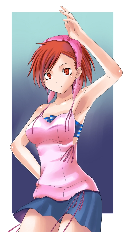 keisuke (artist), keisuke (waopd0g), tanigawa yuzu, devil survivor (series), devil survivor 1, striped, bad id, bad pixiv id, 1girl, armpits, bandana, bandeau, camisole, female focus, matching hair/eyes, miniskirt, orange eyes, orange hair, ribbon, short hair, skirt, smile, solo, strapless, tank top, tube top