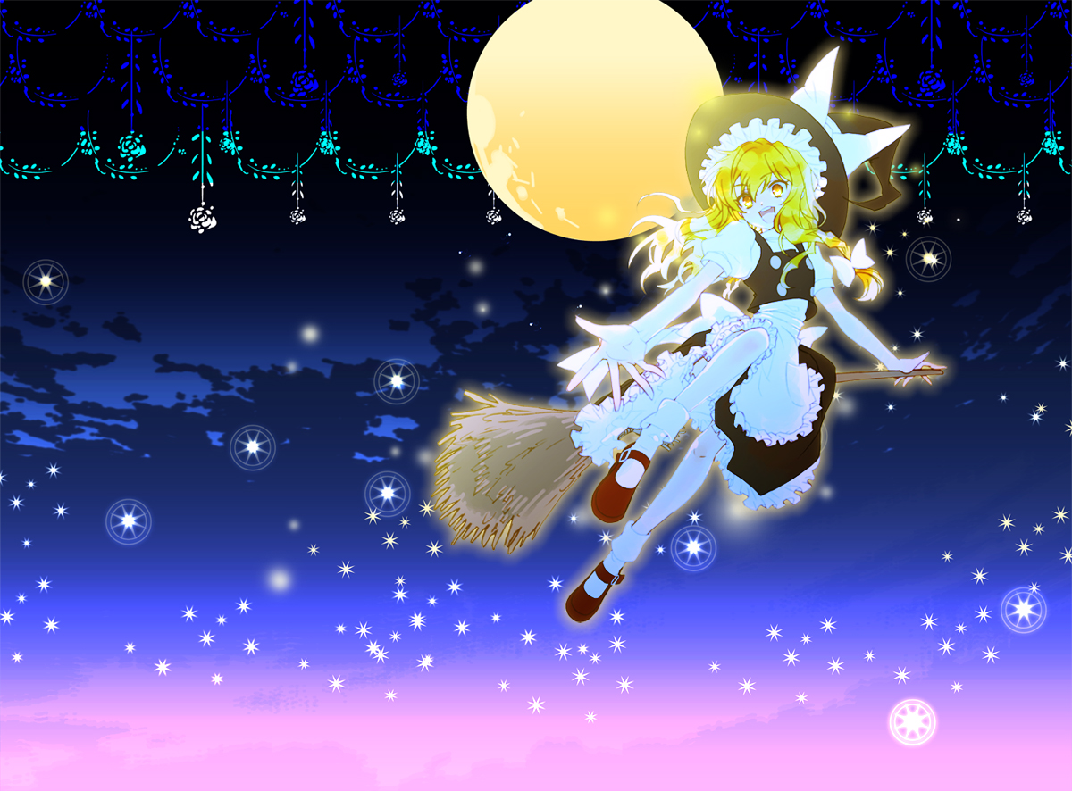 niboshi (iemizu), niboshi (pixiv89893), kirisame marisa, touhou, 1girl, blonde hair, broom, female focus, hair ribbon, moon, ribbon, sky, solo, yellow eyes