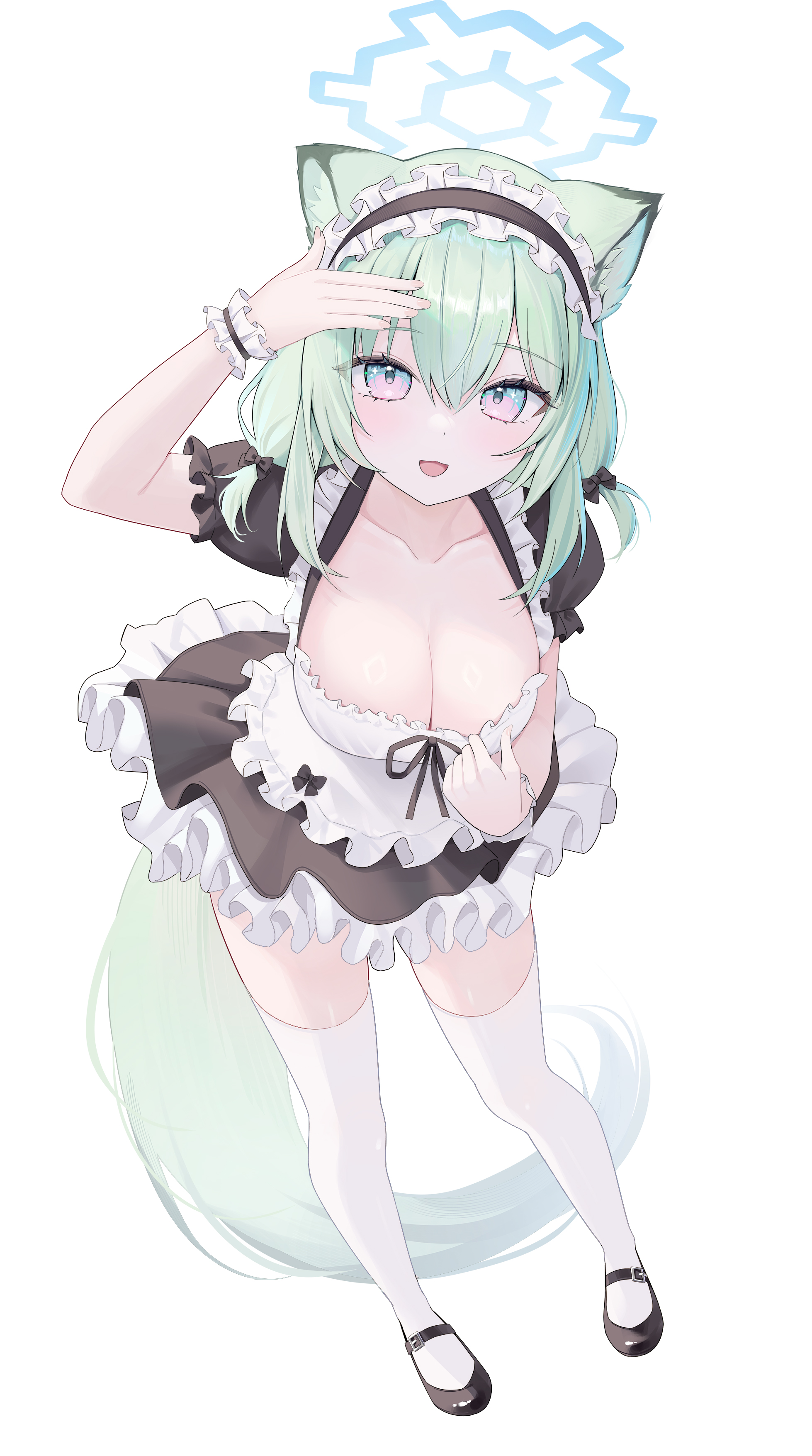 yagen (user mxur3238), shigure (blue archive), blue archive, absurdres, highres, 1girl, animal ear fluff, animal ears, apron, aqua hair, black dress, blue halo, blush, breasts, cleavage, dress, hair between eyes, halo, large breasts, long hair, looking at viewer, maid, maid apron, maid headdress, open mouth, purple eyes, short sleeves, sidelocks, solo, tail, thighhighs, weasel ears, weasel girl, weasel tail, white thighhighs, wrist cuffs
