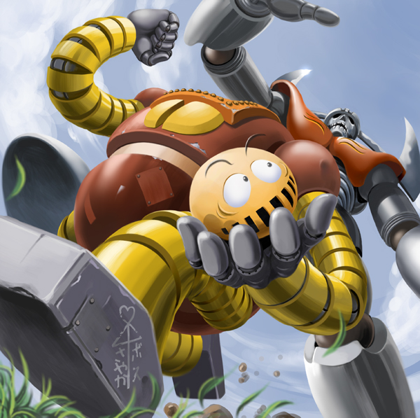 dorasu, boss borot, garada k7, garada k7 (robot), mazinger (series), mazinger z, toei company, blade, head, translated, ai ai gasa, cloud, day, graffiti, grass, horns, mecha, no humans, outdoors, robot, running, science fiction, sky, solo
