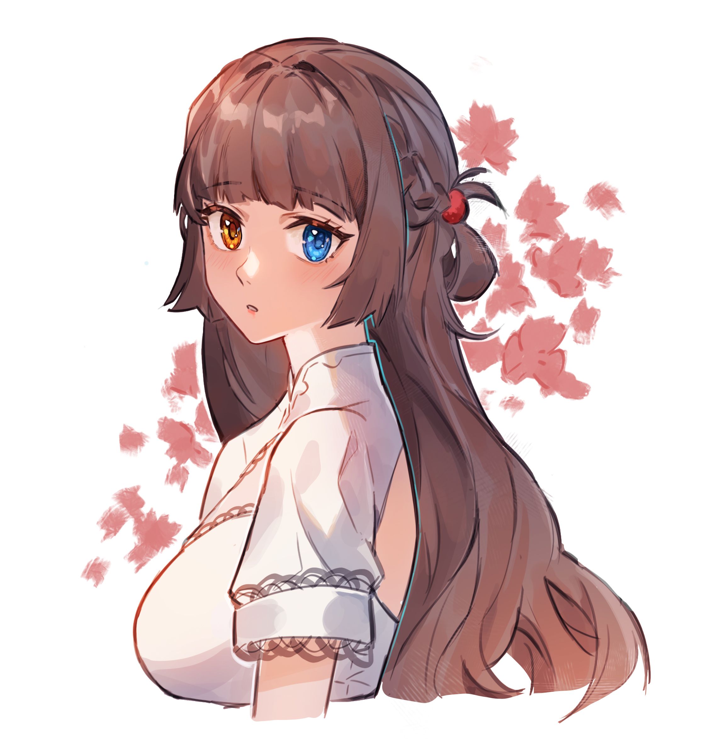 shouz, original, highres, 1girl, blue eyes, blunt bangs, braid, breasts, brown eyes, brown hair, cropped torso, dress, from side, heterochromia, large breasts, leaf, long hair, looking at viewer, nose, parted lips, short sleeves, solo, white background, white dress