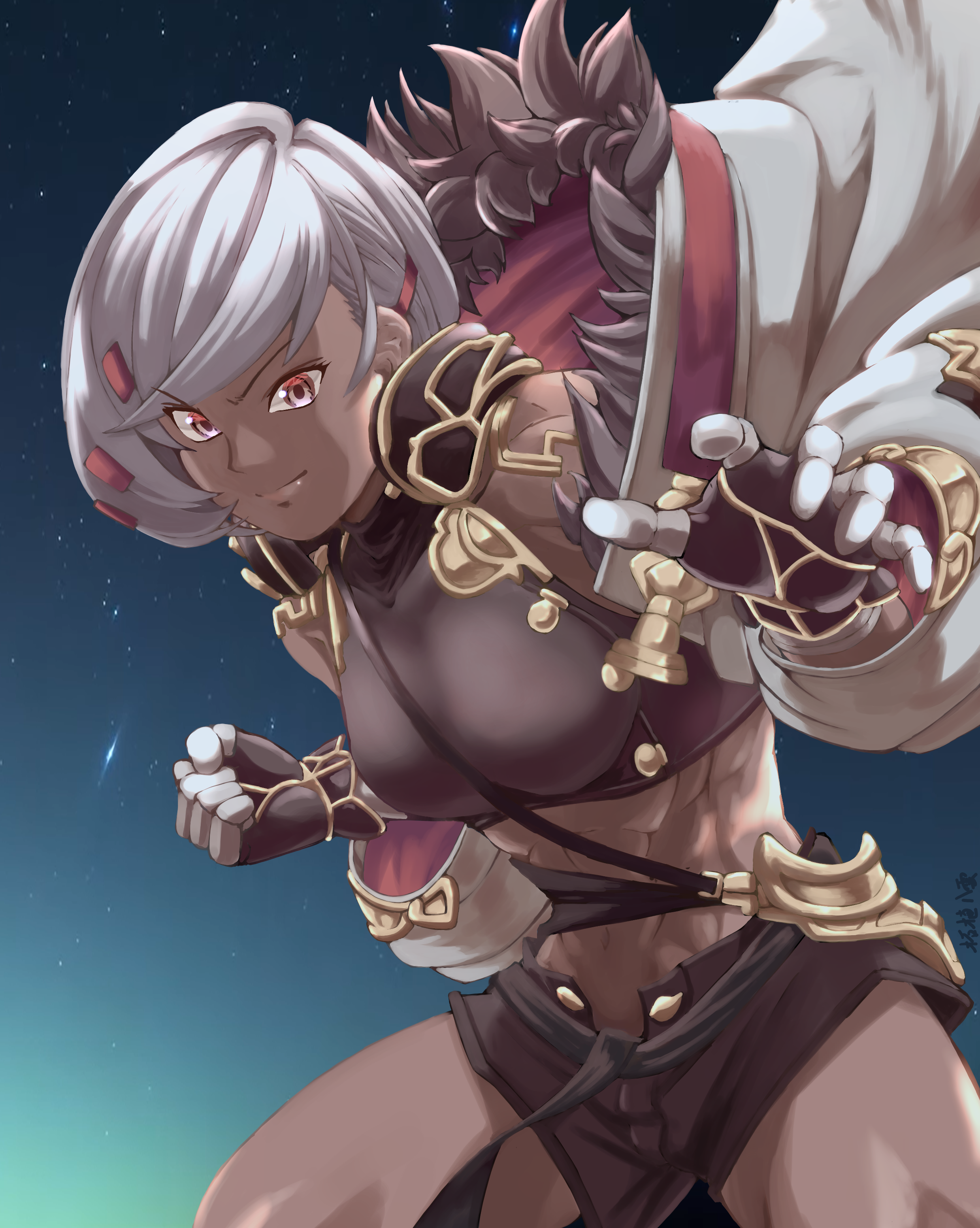 tugeyakumo, fiorito (granblue fantasy), granblue fantasy, absurdres, commentary request, highres, 1girl, abs, armor, bare shoulders, black gloves, black shirt, black shorts, breasts, clenched hand, closed mouth, coat, coat partially removed, cowboy shot, crop top, dark-skinned female, dark skin, fingerless gloves, fur-trimmed coat, fur trim, gloves, greaves, grey hair, hair ornament, large breasts, layered gloves, long sleeves, looking at viewer, midriff, navel, off shoulder, shirt, short hair, short shorts, shorts, signature, single greave, single sidelock, sleeveless, sleeveless shirt, solo, standing, swept bangs, white coat, white gloves