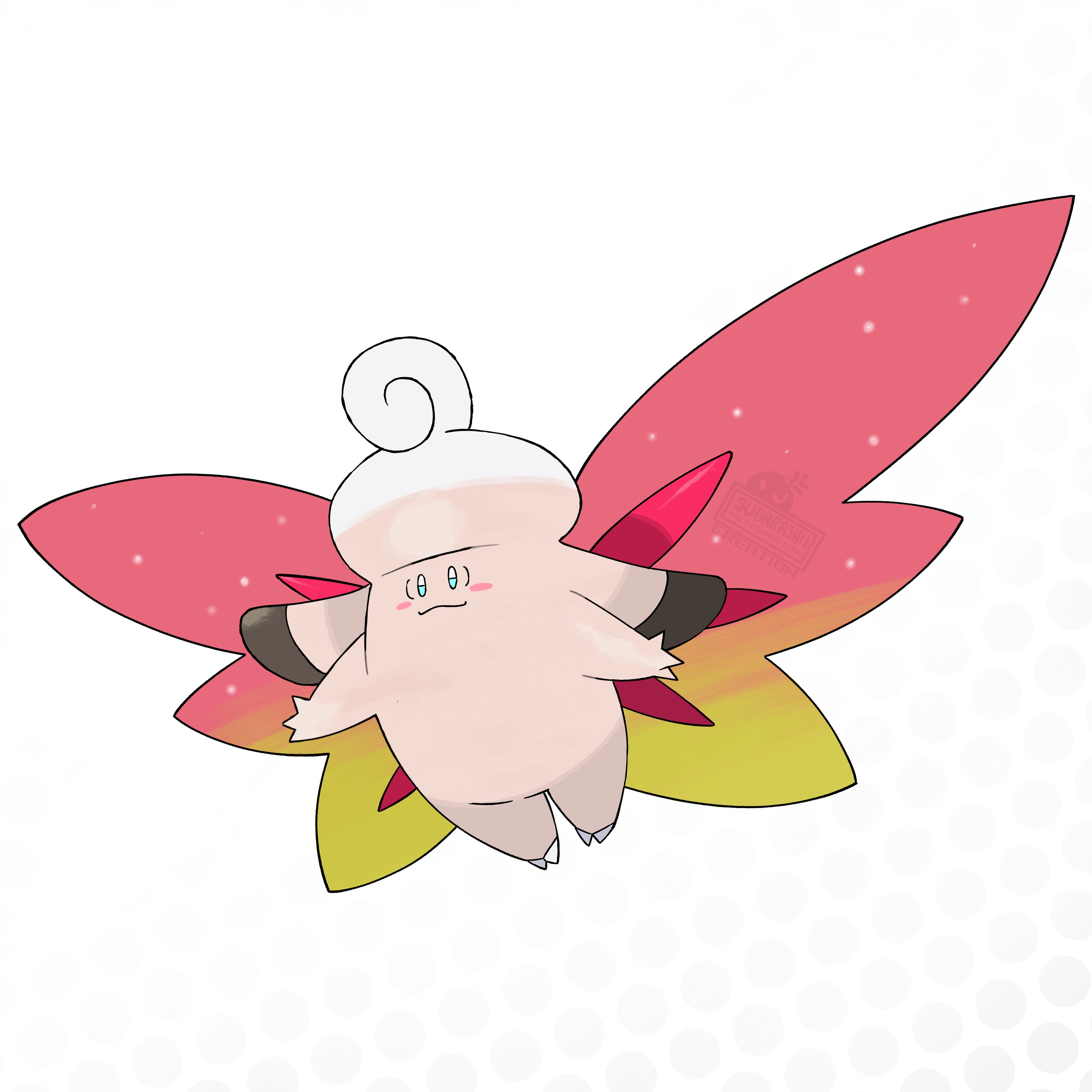 madzygardecore, clefable, nintendo, pokemon, absurdres, highres, alien, blue eyes, blush stickers, colored skin, curly hair, fairy, fairy wings, gen 1 pokemon, gradient wings, mega clefable, mega pokemon, multicolored wings, no humans, pink skin, pokemon (creature), pokemon focus, smile, wings