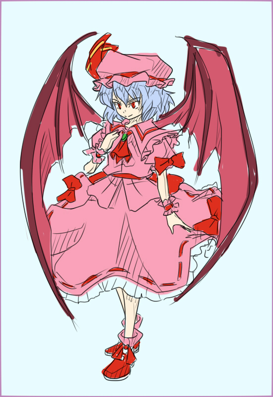 wabi (wbsk), wabi tsubaki, remilia scarlet, touhou, 1girl, bat wings, blue hair, female focus, hat, red eyes, ribbon, short hair, solo, vampire, wings
