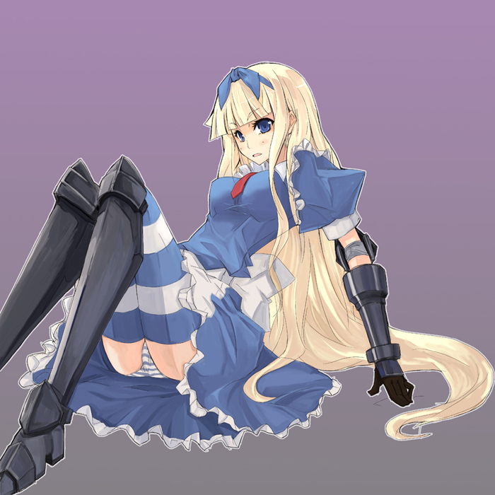 rage (rojiura), alice (alice in wonderland), alice's adventures in wonderland, 1girl, angry, blonde hair, blue eyes, boots, furious, gloves, long hair, necktie, panties, striped clothes, striped panties, striped thighhighs, thighhighs, underwear, very long hair